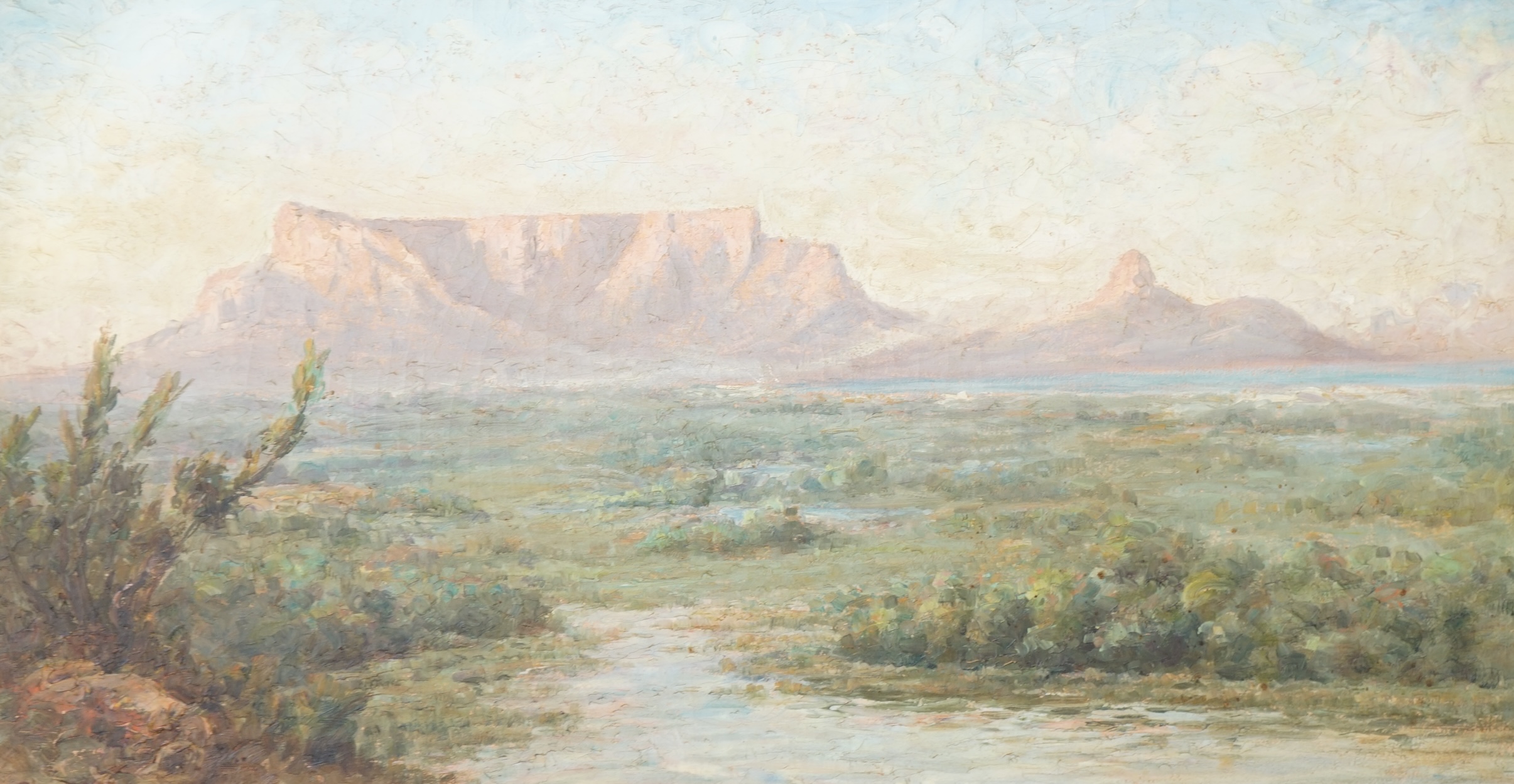 Edward Churchill Mace (South African, 1863-1928), oil on canvas, View of Table Mountain, signed, 38 x 70cm. Condition - fair, craquelure